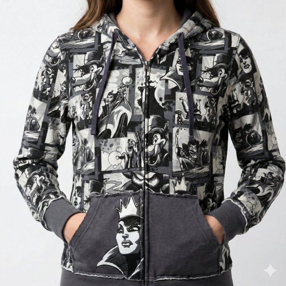 Disney Parks Villains Comic Print Zip Hoodie Large Evil Queen Maleficent Mono
